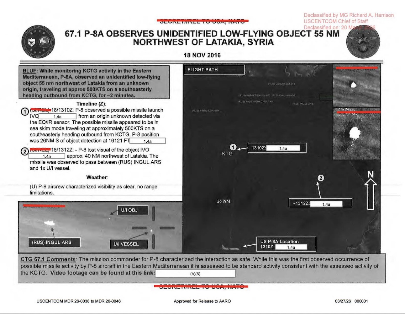 Vojenský mission report — P-8A pozoruje neidentifikovaný objekt u Latákie, Sýrie, 18.11.2016